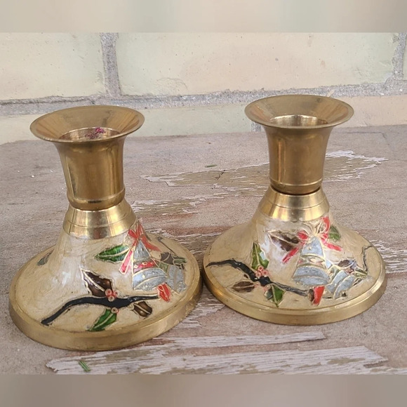 Vintage Brass Enamel Candle Holders - Picture 1 of 8